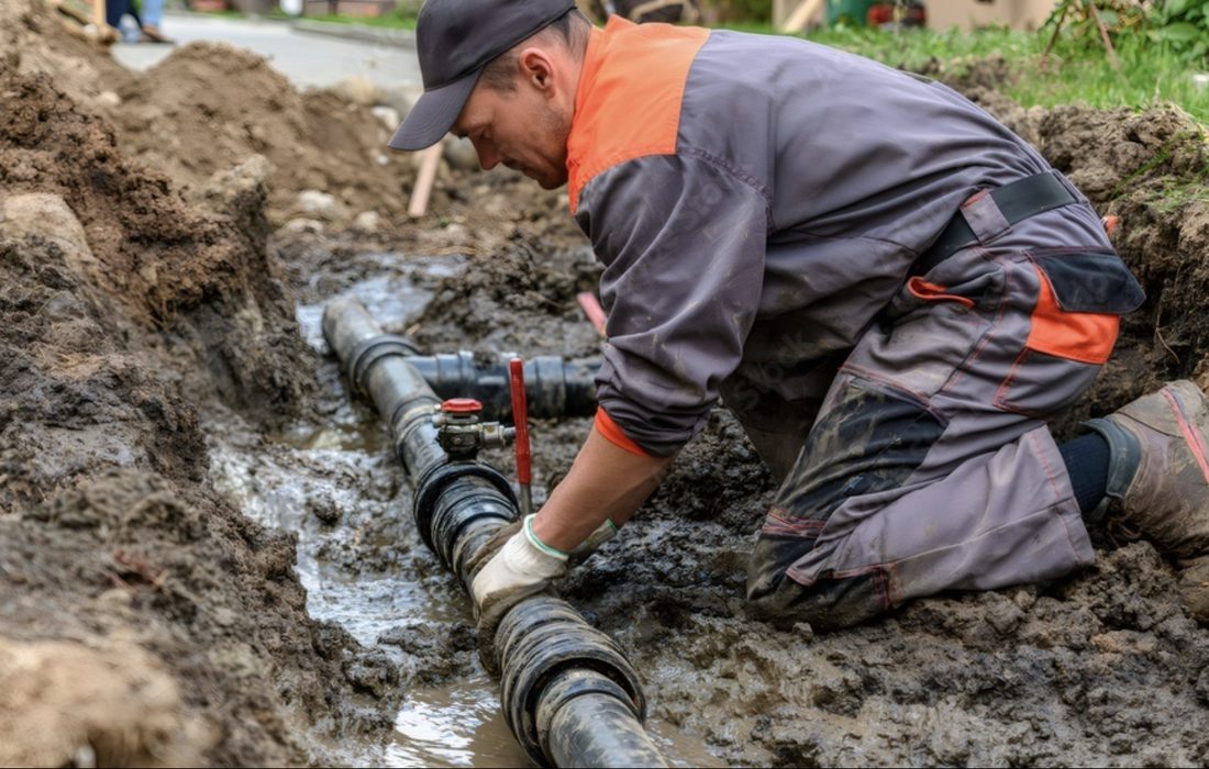 A plumber repairing a water line in a yard